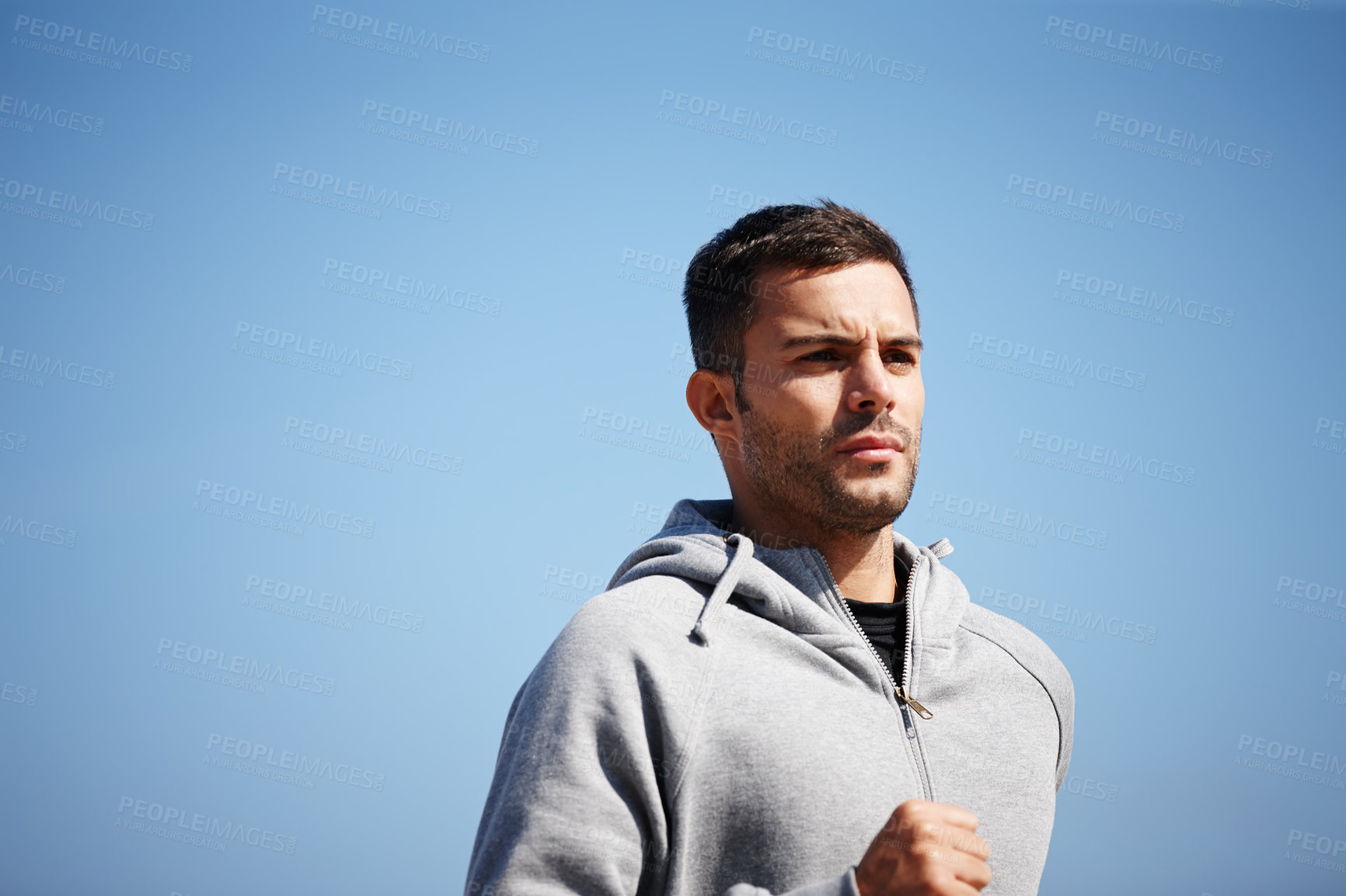 Buy stock photo Man, jog and exercise in outdoor for fitness, workout and body health for physical training. Male runner or athlete and run for cardio, active strength or recreation in summer outside for fresh air