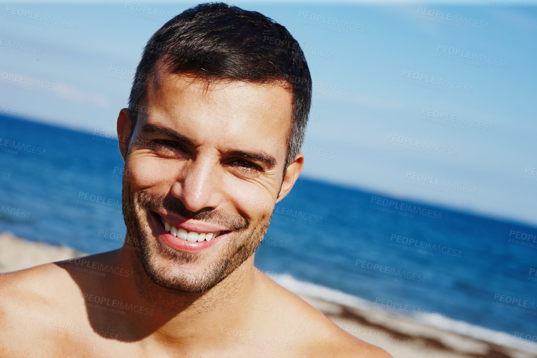 Buy stock photo Man, smile and beach in portrait with confidence on seashore, ocean and blue sky in summer with happy on vacation. Holiday, trip and travel to Maldives with natural, relaxed and sand with beach