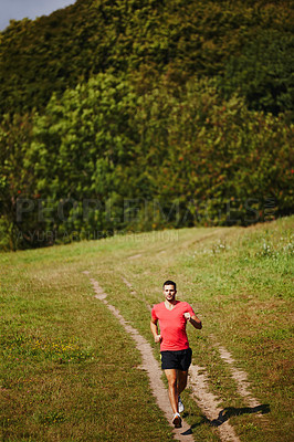 Buy stock photo Running, man and cardio outdoor for fitness, health and jogging in nature for workout or exercise. Male athlete, path and wellness for endurance, muscles and strength in gym, sports and training 