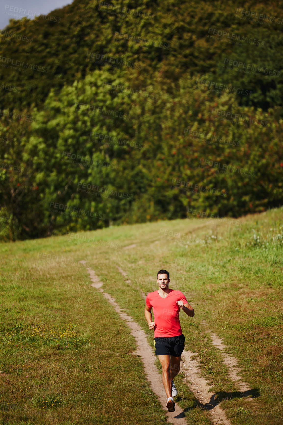 Buy stock photo Running, man and cardio outdoor for fitness, health and jogging in nature for workout or exercise. Male athlete, path and wellness for endurance, muscles and strength in gym, sports and training 