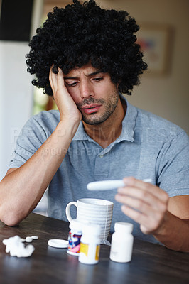 Buy stock photo Man, sick and check thermometer for virus, healthcare and wellness with bacteria, infection or pain at home. Burnout, fatigue and health fail, monitor condition for illness with cold or influenza