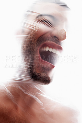 Buy stock photo Man, plastic and bag with choking, gasping and struggle for breath in white background. Male person, expression and suffocating in crisis for awareness, help and anxiety in mental health or wellness