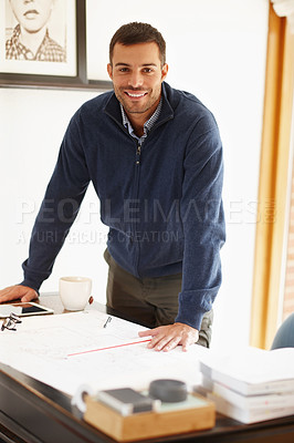 Buy stock photo Man, portrait and architect with plan for project in office, documents and drawing on blueprint. Happy male person, drafting and engineer for building idea on paper, solution and job for design