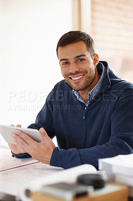 Buy stock photo Entrepreneur, happy and relaxing in portrait after working on tablet for job, small business or freelance. Person, smiling or confident at office desk for start up, self employment or consultant