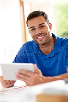 Buy stock photo Tablet, work and portrait of man in home office for remote job, freelance or planning. Smile, male person and communication with technology for networking, design or report for creative project