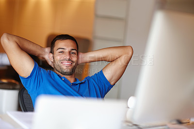 Buy stock photo Man, finish and done in portrait after working on computer for small business, entrepreneurship or job, Person, smiling or complete at office desk with pc for start up, freelance or self employed
