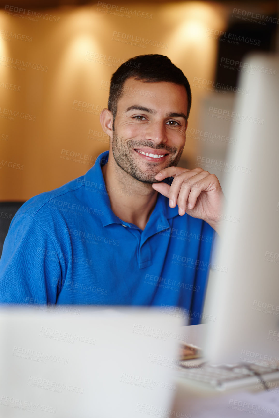 Buy stock photo Businessman, desk and smile in portrait with computer in office with confidence for graphic designer. Male person, table and happy with computer for technology with creative, internet and web design