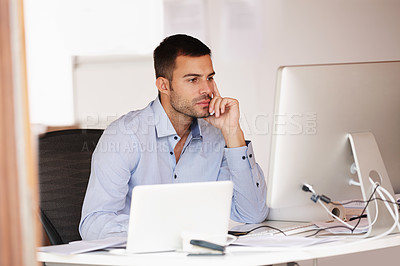 Buy stock photo Businessman, thinking and computer at desk in home office for start up company, freelance and software designer. Online, communication and brainstorming in house for plan, project and web development