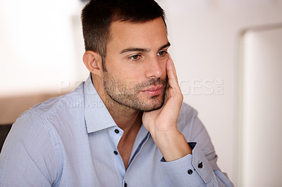 Buy stock photo Businessman, thinking and computer work in home office for start up company, freelance and software designer. Online, communication and brainstorming in house for plan, project and website developing