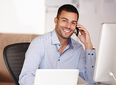 Buy stock photo Man, portrait and phone call in office for networking, computer and business deal negotiation. Male person, smile and app for conversation or talking, internet and connection for planning agenda