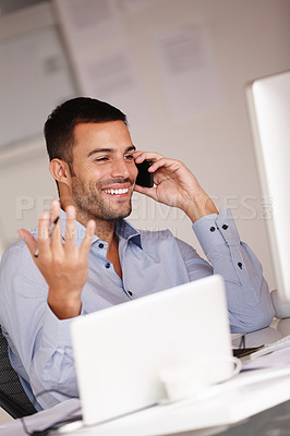 Buy stock photo Man, excited and phone call in office for networking, computer and business deal negotiation. Male person, smile and app for conversation or talking, internet and connection for planning agenda
