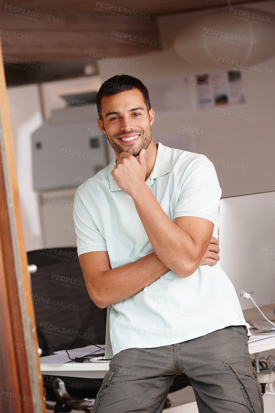 Buy stock photo Entrepreneur, thinking and portrait by desk in office with confidence for startup business, idea and project. Man, planning and happy by table in workplace for vision, strategy and job or career