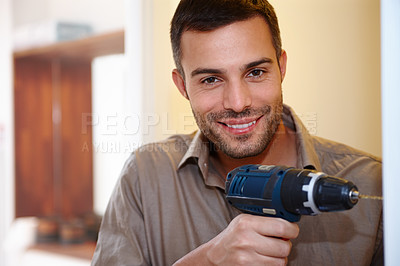 Buy stock photo Portrait, DIY and drill for maintenance, handyman and home improvement for wall or house. Manual labour, tools and smile with equipment, renovation and household construction for contractor repair