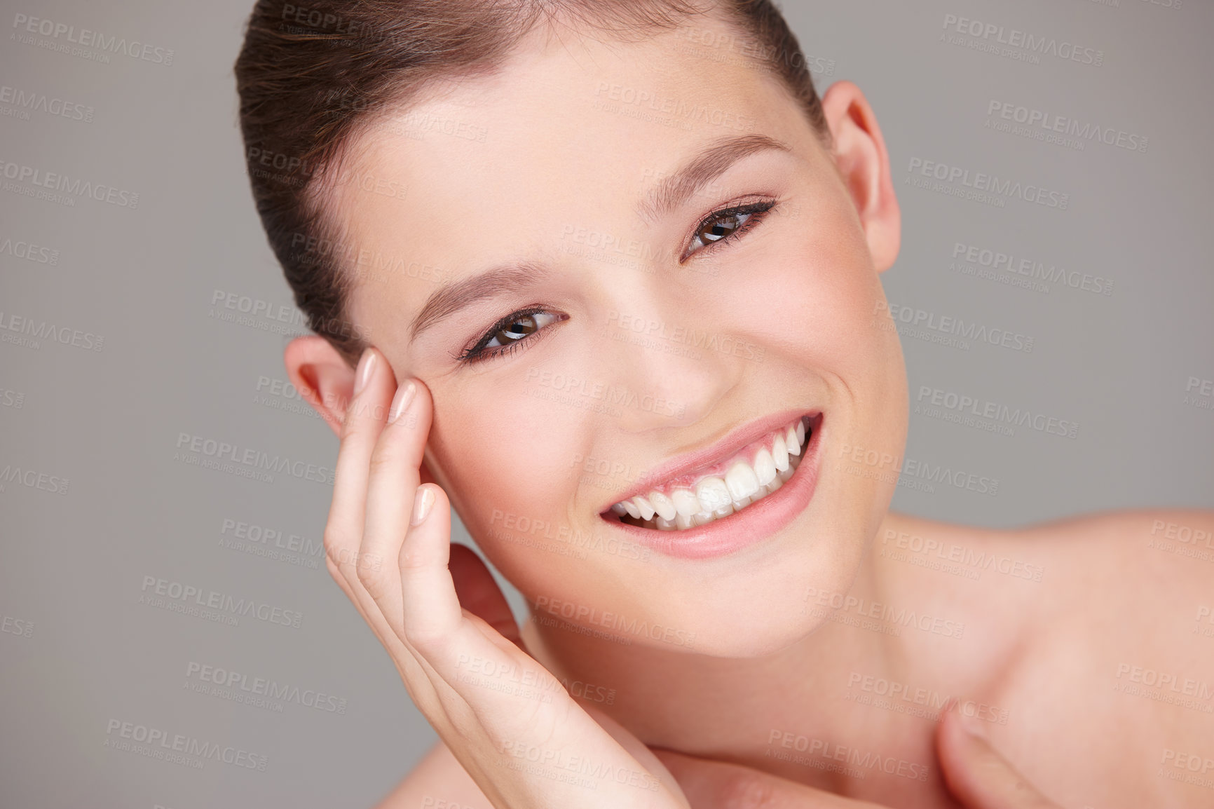 Buy stock photo Skincare, wellness and portrait of woman in studio for dermatology, cosmetology or facial treatment with gray background. Beauty, smile and female model for healthy skin, makeup or natural glow