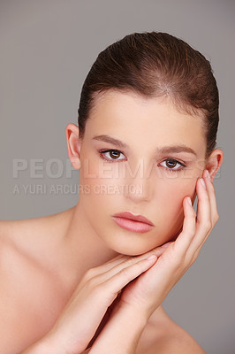 Buy stock photo Skincare, beauty and portrait of model in studio for wellness, dermatology or facial treatment with gray background. Cosmetology, serious and woman for healthy skin, luxury salon or natural glow