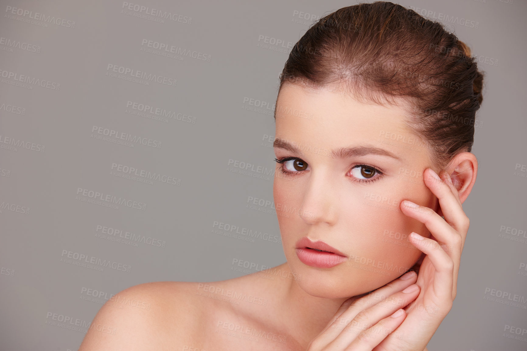 Buy stock photo Portrait, woman and hands in studio for beauty, skincare and  wellness isolated on gray background. Cosmetics, botox and dermatology for wellness, facial and treatment of face, aesthetic and glow.