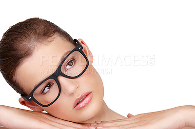 Buy stock photo Woman, glasses and mockup for eyewear, trendy optometry vision or optician prescription lens. Young person, attractive and serious with fashionable spectacle frames for sight on white background 