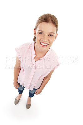 Buy stock photo Female student, smile and happy in studio with portrait, confidence and hope for school in Canada. Girl, excited and motivation for education or study on isolated white background with mockup or pov