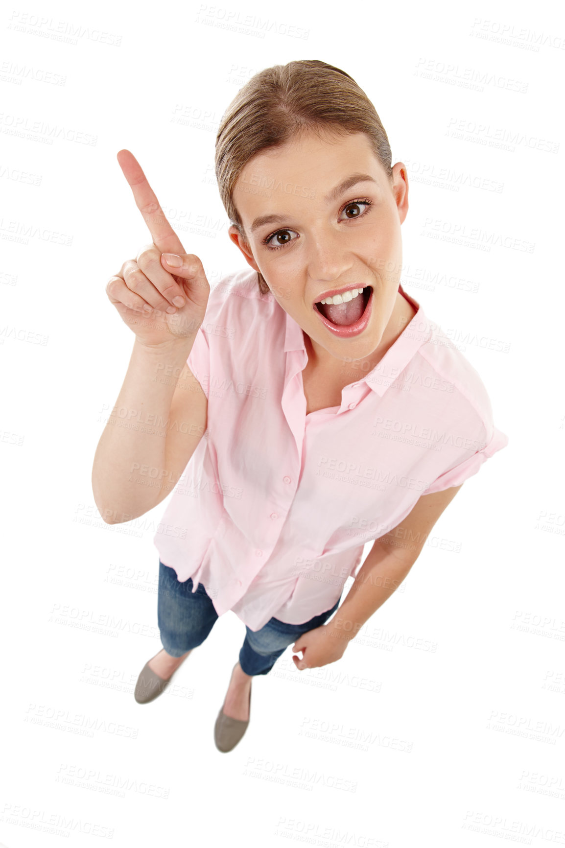 Buy stock photo Surprise, woman and portrait pointing for promotion, advertising or marketing with mockup space from above angle on white background. Wow, gen z girl or hands to show logo, icon or in studio backdrop