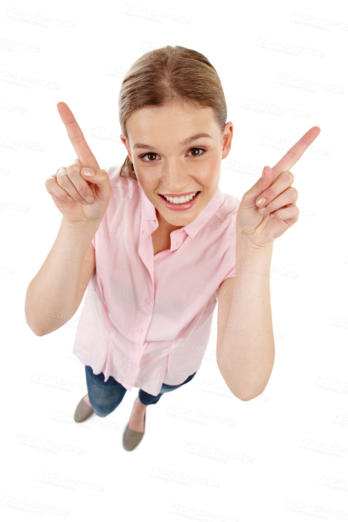 Buy stock photo Hands, woman and portrait pointing for promotion, advertising or marketing with mockup space from above angle on white background. Wow, gen z girl or finger to show with copyspace in studio backdrop