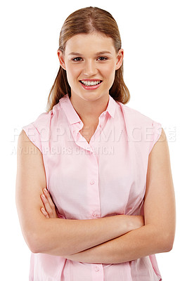 Buy stock photo Girl, arms crossed and smiling in studio portrait for confidence, style and fashion in smart casual shirt. Female person, happy and relaxed on white background for work clothes or professional wear