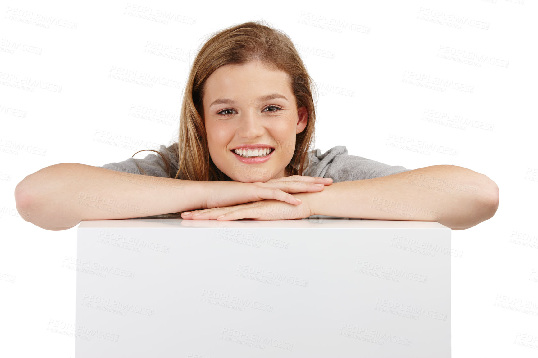 Buy stock photo Banner, portrait and happy girl with mockup in studio for announcement, offer or info on white background. Poster, face or teen model smile with billboard presentation for news, promo and opinion 