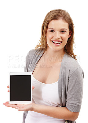 Buy stock photo Woman, studio and tablet with mockup, screen and for web promotion or internet app. Model, technology and smile for social media, online brand and portrait for advertising discount or ui space