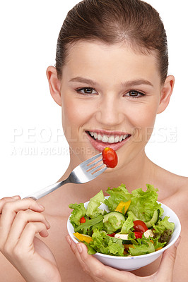 Buy stock photo Salad, health and portrait of woman in studio with wellness for weight loss with vegetables. Diet, food and face of female person isolated on white background with smile for healthy organic meal