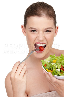 Buy stock photo Salad, health and portrait of woman in studio with eating for weight loss with vegetables. Food, diet and face of female person isolated on white background with smile for healthy with organic