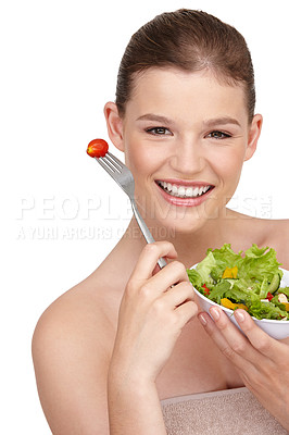 Buy stock photo Salad, portrait and health with woman in studio for wellness for weight loss with vegetables. Diet, food and face of female person isolated on white background with smile for healthy organic food