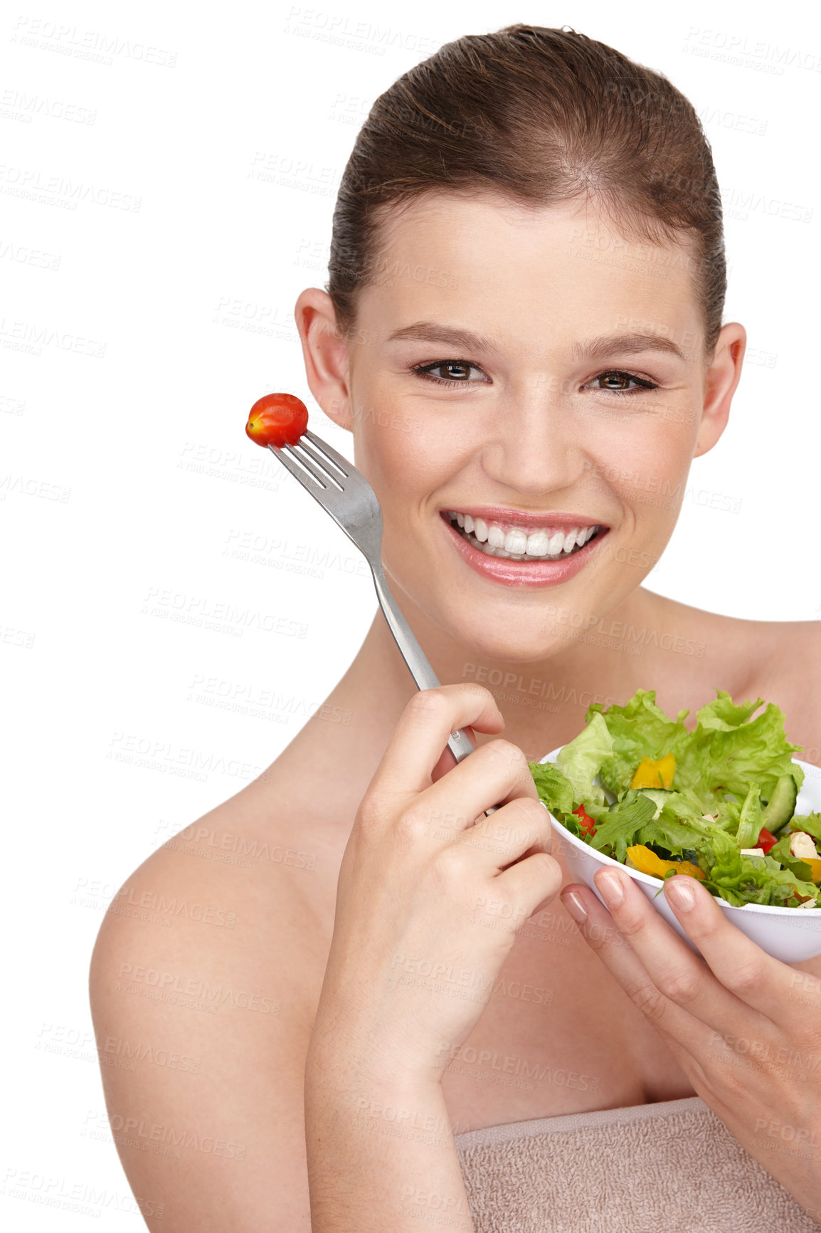 Buy stock photo Salad, portrait and health with woman in studio for wellness for weight loss with vegetables. Diet, food and face of female person isolated on white background with smile for healthy organic food