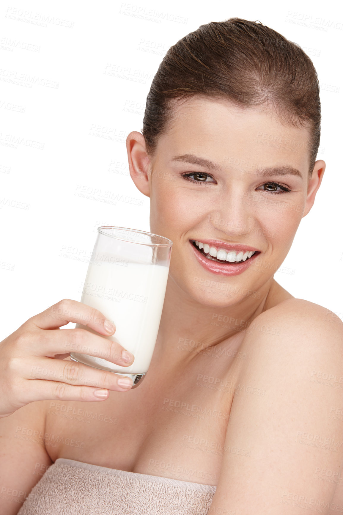 Buy stock photo Portrait, woman and healthy diet by drinking milk in studio for calcium, nutrition and protein with detox benefits. Happy, female person and dairy product smoothie with natural vitamins for wellness