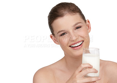 Buy stock photo Portrait, woman and healthy diet by drinking milk in studio for calcium, nutrition and protein with detox benefits. Smile, female person and dairy product smoothie with natural vitamins for wellness