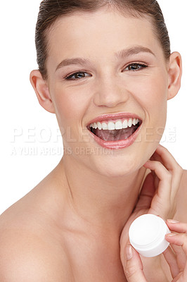 Buy stock photo Woman, facial cream and smile in studio portrait for cosmetics, skincare or beauty exfoliation. Female person, clean and happy with anti aging mask for dermatology, wellness and acne protection