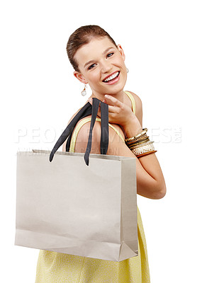 Buy stock photo Girl, shopping bag and portrait in studio for fashion, discount or spring sale with logo mockup space. Excited young person, customer or model for retail gift, present or luxury on a white background