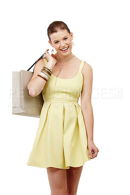 Buy stock photo Girl, shopping bag and dress in studio with fashion, style and discount or spring sale on a white background. Portrait of excited person, customer or model for retail, package or clothes with jewellery