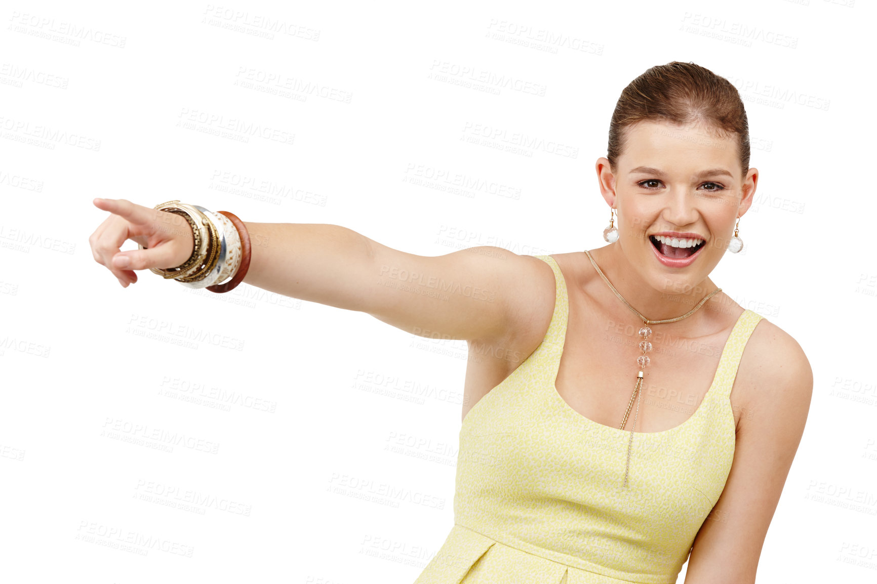 Buy stock photo Woman, portrait and pointing for choice in studio, option and selection on white background. Excited female person, direction and smile for opportunity or decision, gesture and mockup space for offer