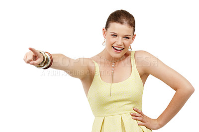 Buy stock photo Woman, portrait and pointing for pick in studio, option and selection on white background. Excited female person, direction and smile for opportunity or decision, gesture and mockup space for offer