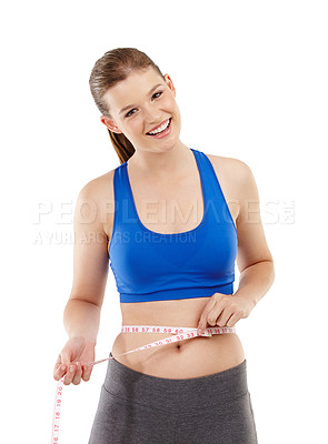Buy stock photo Portrait of woman, smile and measuring tape in studio for measurement, happy and excited for results of diet. Female person, body and care for calories target, weight loss and white background