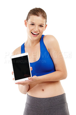 Buy stock photo Studio, sportswear and girl with tablet, portrait and mockup space for exercise, fitness and training. White background, technology and internet for young woman, smile and wellness, online and gym