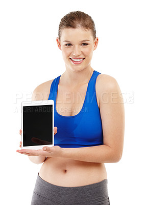 Buy stock photo Fitness, showing and girl with tablet, portrait and sportswear for exercise, studio and training. White background, technology and internet for young woman, smile and wellness, mockup space and gym