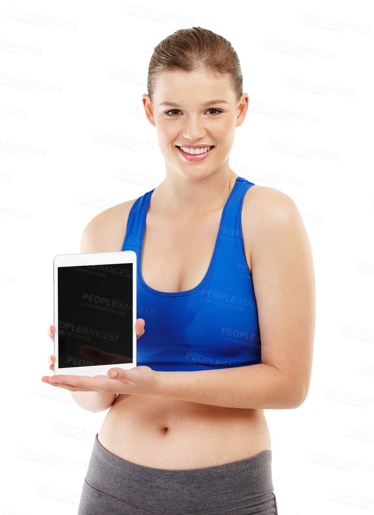 Buy stock photo Fitness, showing and girl with tablet, portrait and sportswear for exercise, studio and training. White background, technology and internet for young woman, smile and wellness, mockup space and gym