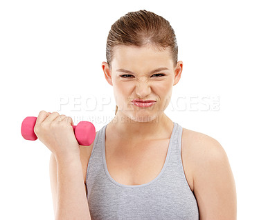 Buy stock photo Dumbbell, girl and fitness in studio, portrait and gym for wellness, bicep and exercise for health. White background, athlete and person with resilience, training and workout for sports and strong