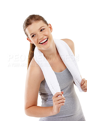 Buy stock photo Studio, girl and towel for exercise, smile and wellness with training, fitness and gym for health and body. Sportswear, athlete and person in white background, happiness and cloth for sweat or muscle