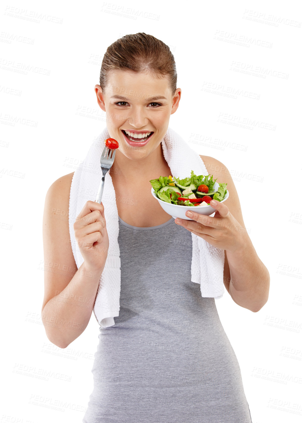 Buy stock photo Healthy, food and portrait, girl and salad in studio, white background and wellness for body. Health, vegan and vegetables for nutrition, female person and smile for balance and happy for diet