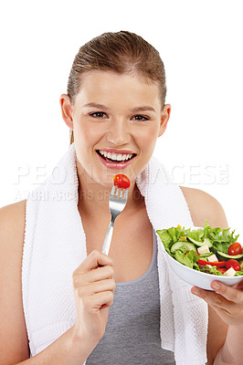 Buy stock photo Healthy, salad and portrait, girl and studio for eating, white background and wellness of vitamin c. Health, benefits and vegetables for nutrition, female person and smile for happiness and diet