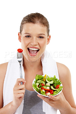 Buy stock photo Food, salad and portrait, girl and studio for snack, white background and wellness for body. Health, face and vegetables for nutrition, female person and eating with smile and happy for diet