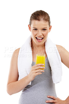 Buy stock photo Studio shot of a pretty teenage girl holding a glass of orange juice
