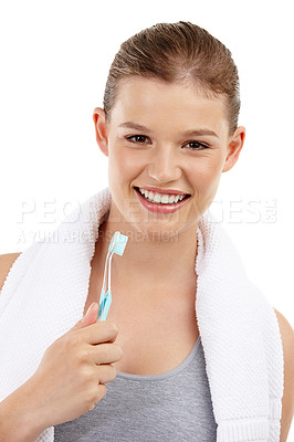 Buy stock photo Portrait of woman, toothbrush and dental in studio background for healthcare, wellness and fresh for oral hygiene. Health, teeth whitening and gum care or cleaning mouth with girl as daily routine