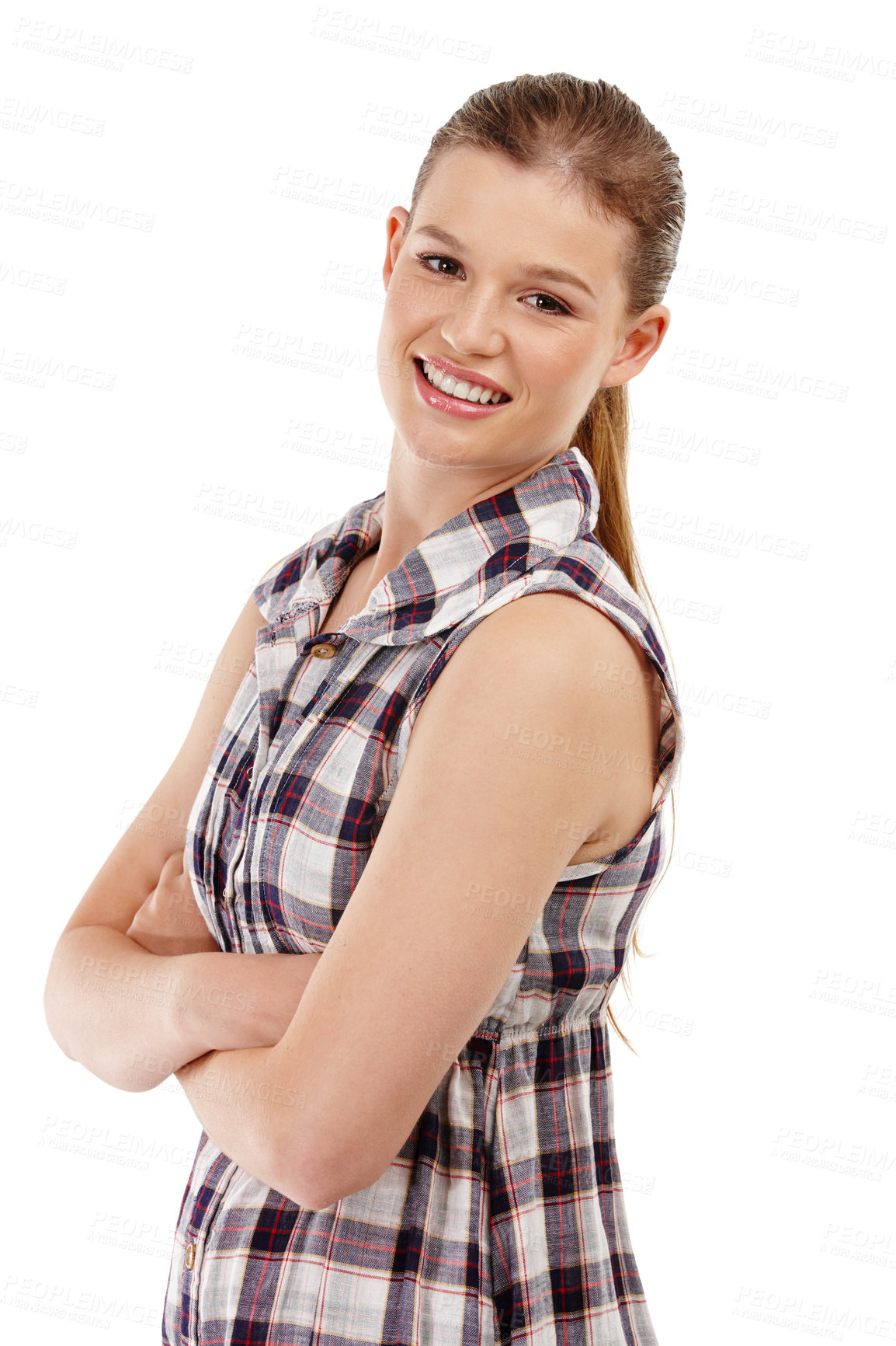 Buy stock photo Woman, smile and portrait for comfort, break and happy for relax on white background. Model, young person and isolated cheerful in studio for confident and unwind with free time and alone on mockup